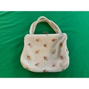 Vintage 1950’s Corde Bead Lumured Ivory Floral Clutch Handbag Purse With Handle